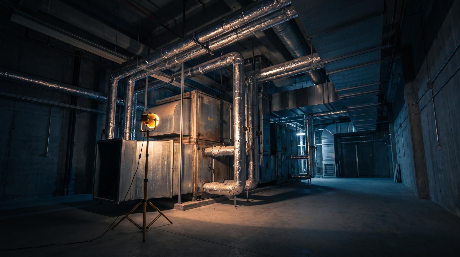 Commercial mechanical room with air handling units and ductwork