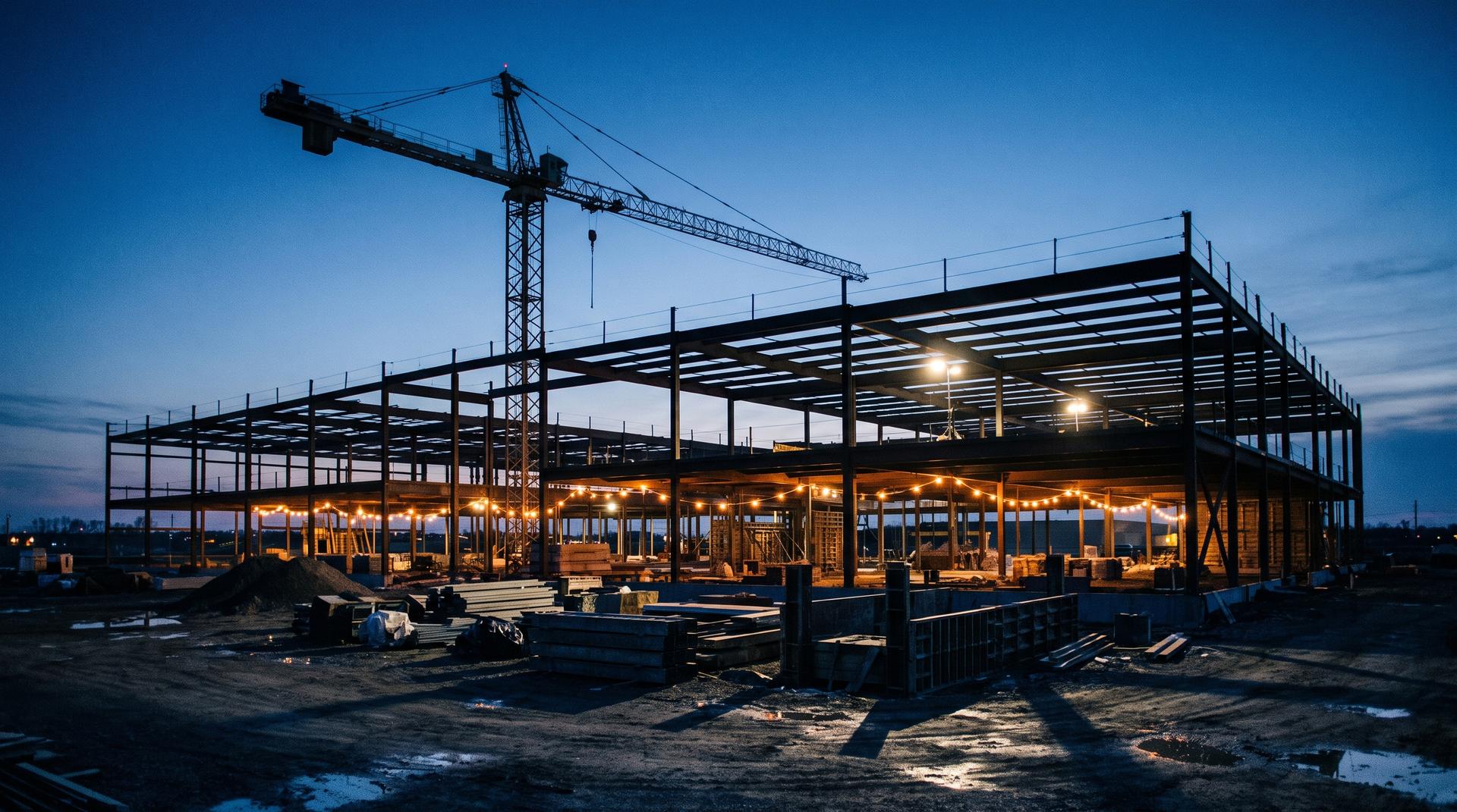 Commercial construction site at dusk
